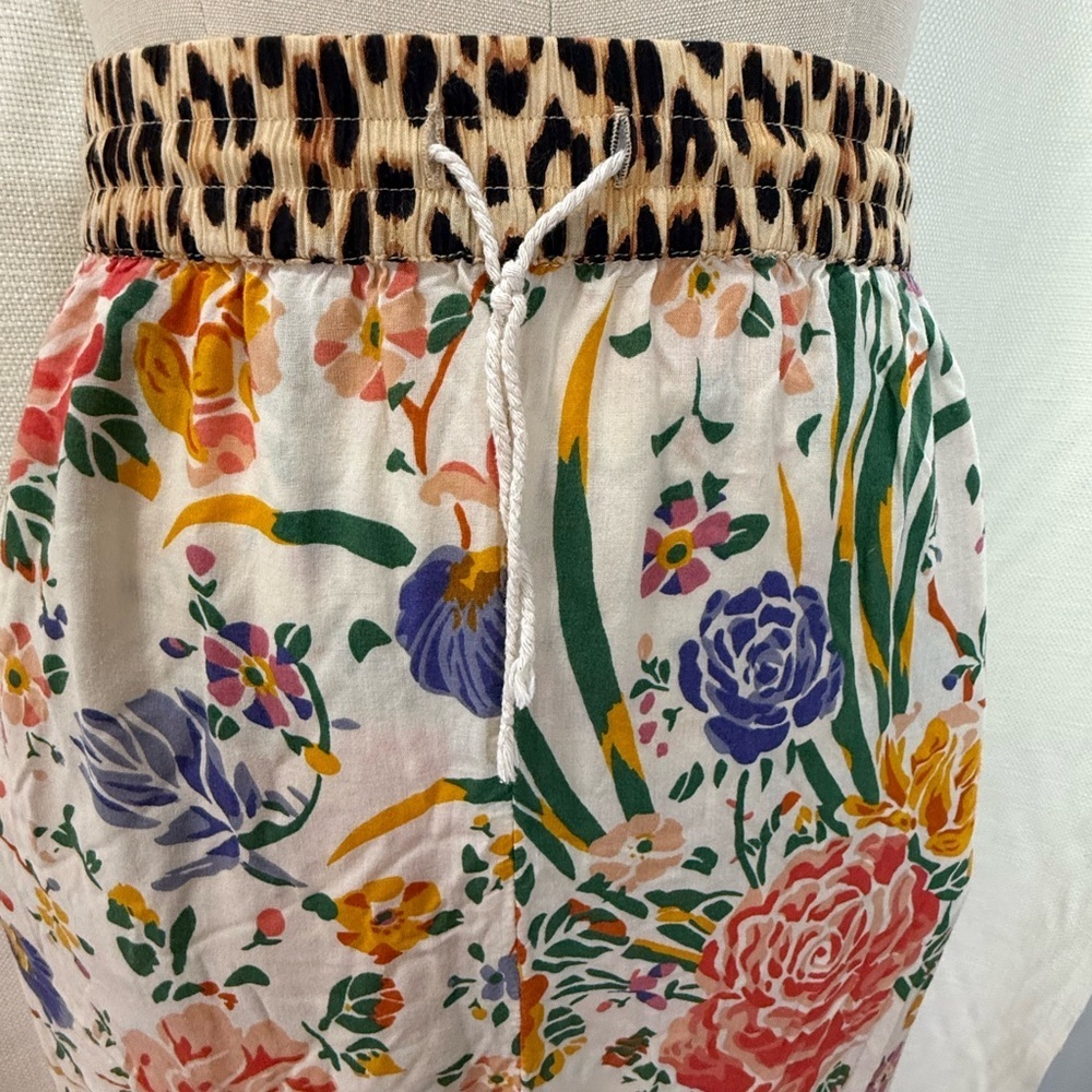 Anthropologie Floral Pants Leopard Trim Boho Crop Tie Hem Statement XS - Picture 4 of 10